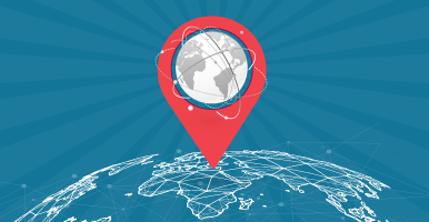 Imagen en fondo azul, en el centro la imagen de un mapa y sobre ella el ícono de ubicación