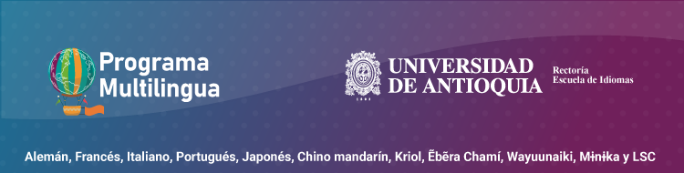 Imagen con degradado entre azul y morado con el texto: Programa Multilignua, logo de la UdeA y los idiomas que se ofrece.