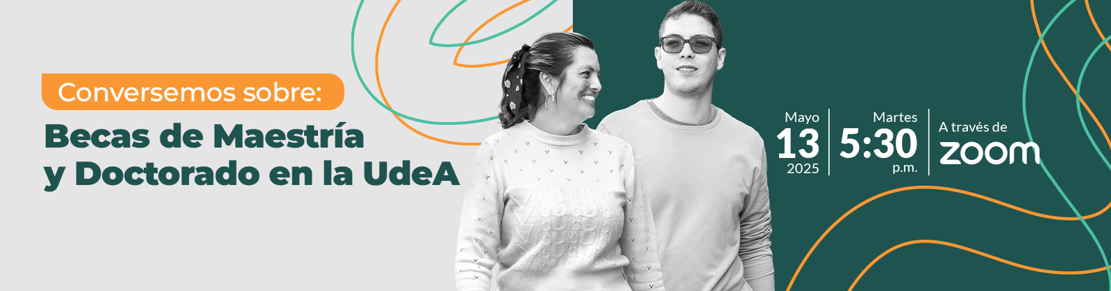 Composición gráfica con letras verdes sobre un fondo gris que dicen "conversemos sobre las becas de maestría y doctorado en la UdeA"
