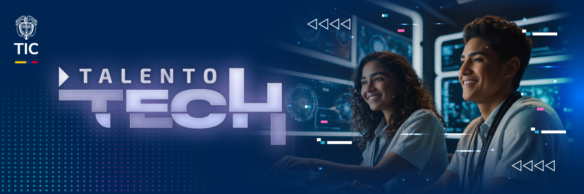 Composición gráfica con el logosímbolo del Ministerio TIC, la leyenda de "Talento Tech" y dos personas sonriendo sobre un fondo azul con elementos tecnológicos