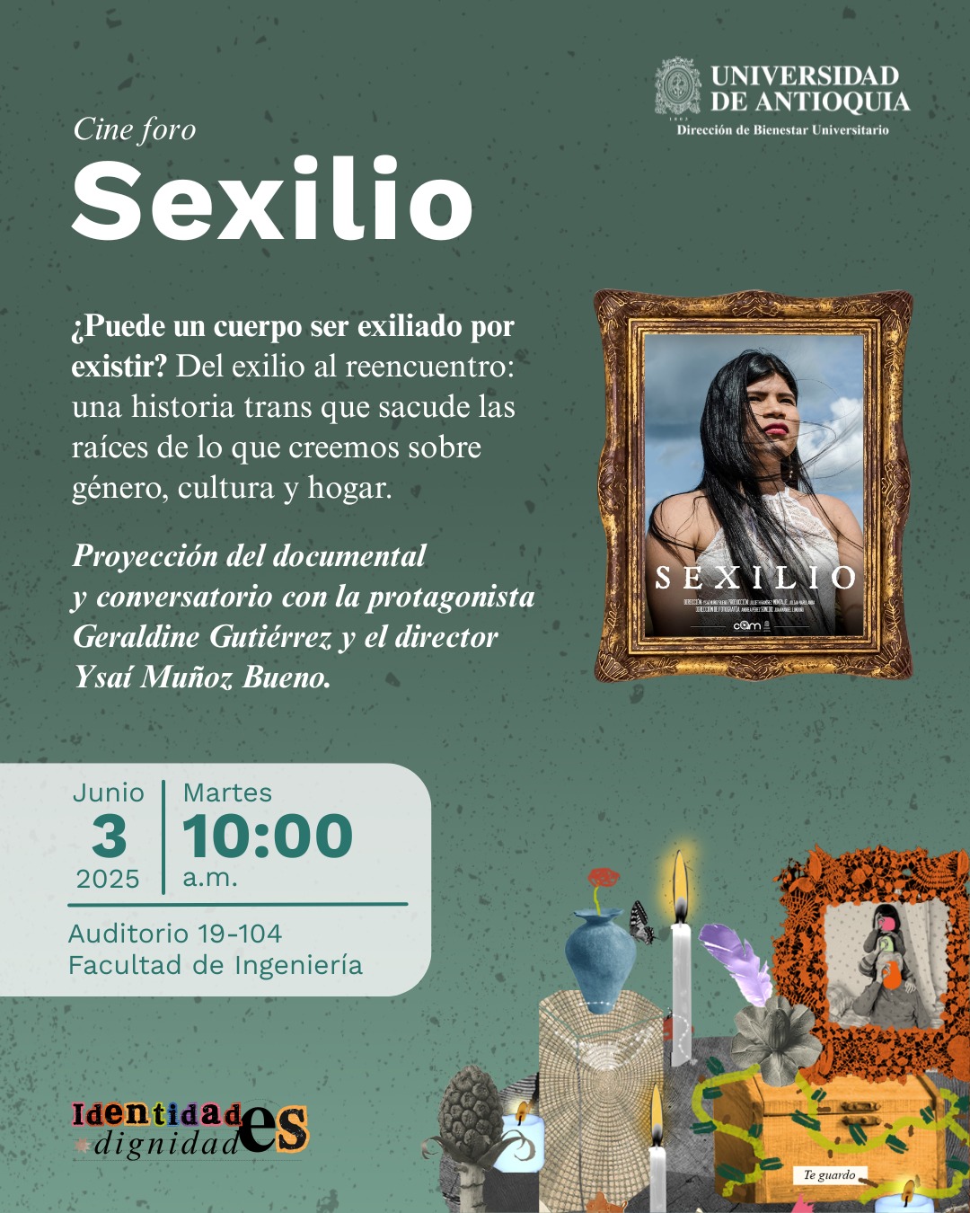 Te invitamos a la proyección de “Sexilio”, un documental que narra la lucha de una mujer trans Êberâ Chamí, por regresar a su comunidad y vivir con libertad y dignidad, siendo ella misma sin renunciar a sus raíces.