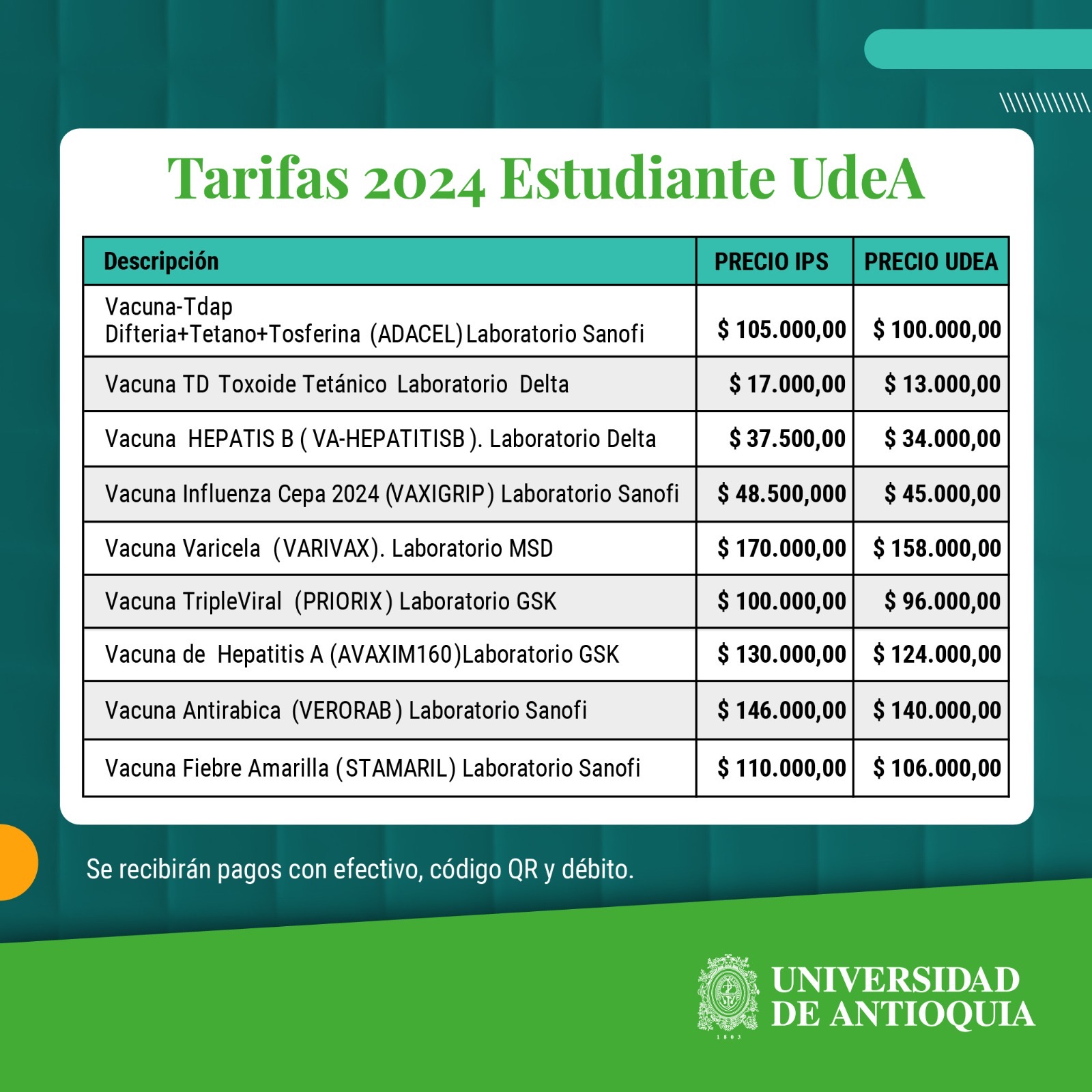 Tarifas de vacunación